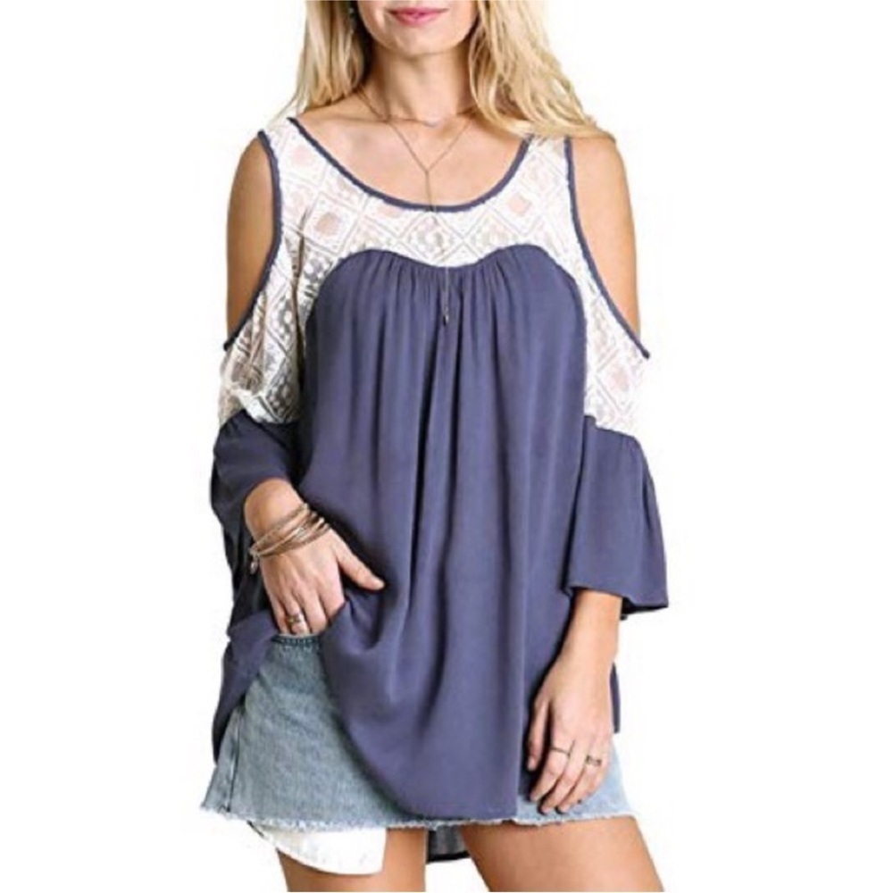 Umgee USA Cold Shoulder Boho Blouse with Crochet Lace - Size L